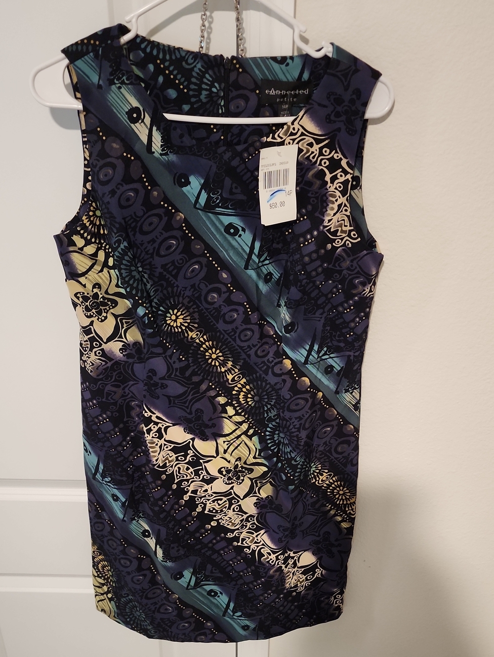 connected apparel Navy, Teal & Cream Patterned Sleeveless Sheath Dress